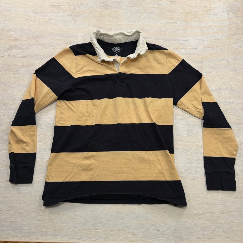 St. John's Bay Rugby Shirt Small Striped Long Sleeve Navy Tan Mens